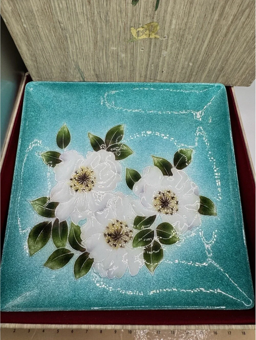 Vintage Japanese Tutanka Cloisonné Plate 7”x7” Square White Floral Motifs